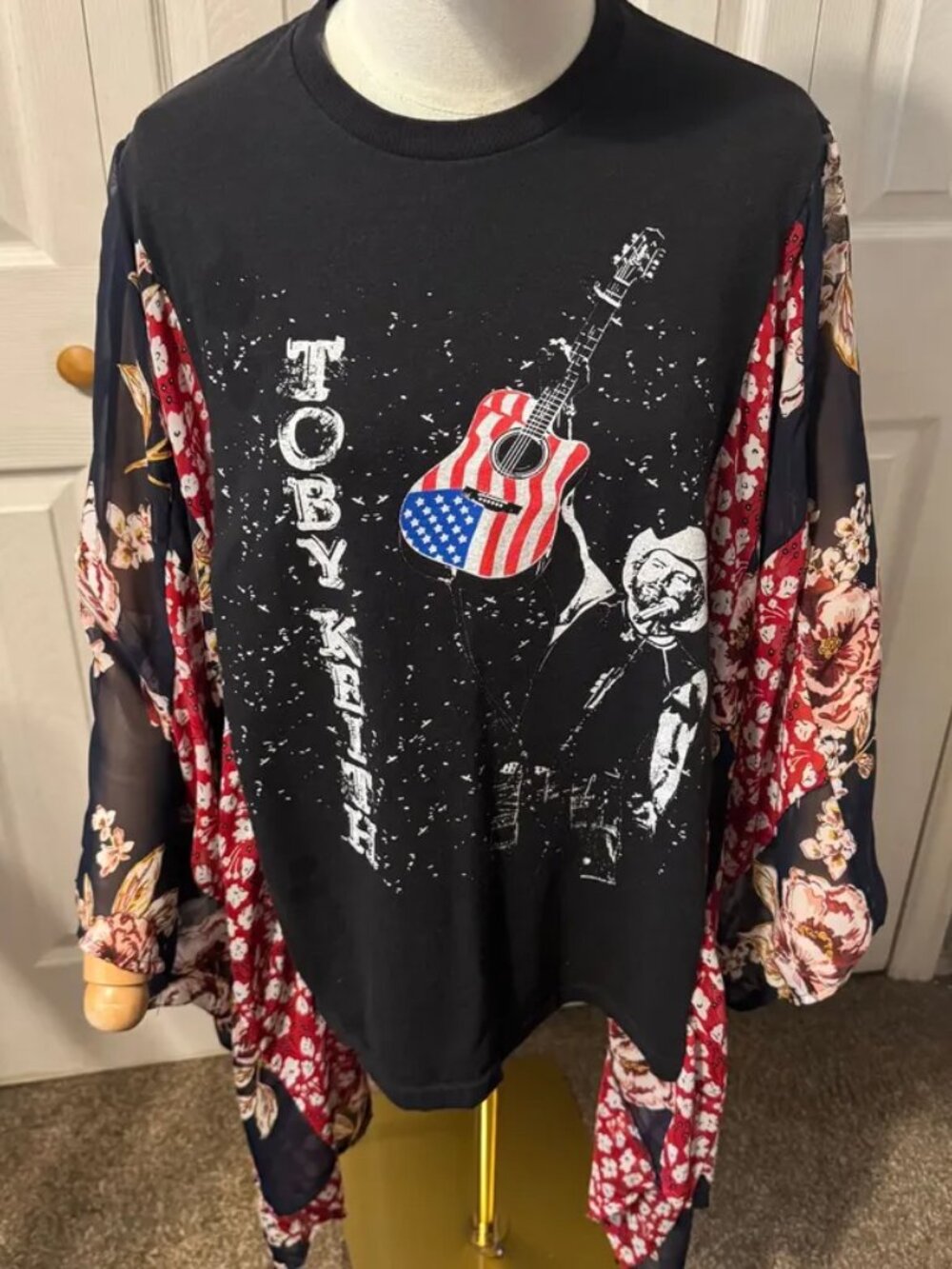 Toby Keith Upcycled Graphic T-shirt With Flowy Red White & Blue sleeves - OSFM